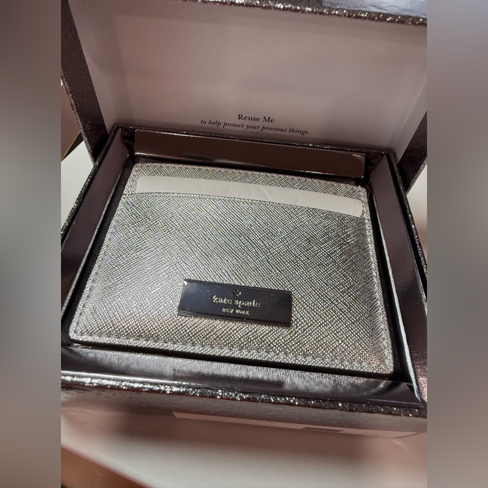 Kate Spade Kenzie Metallic Saffiano Slim Card Holder – Lunar Light – Boxed – NWT